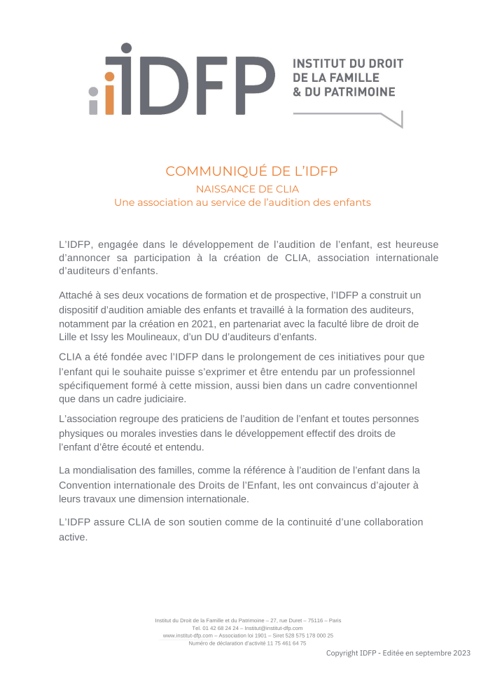 Communiqué de l’IDFP - Naissance de CLIA, une association au service de l’audition des enfants